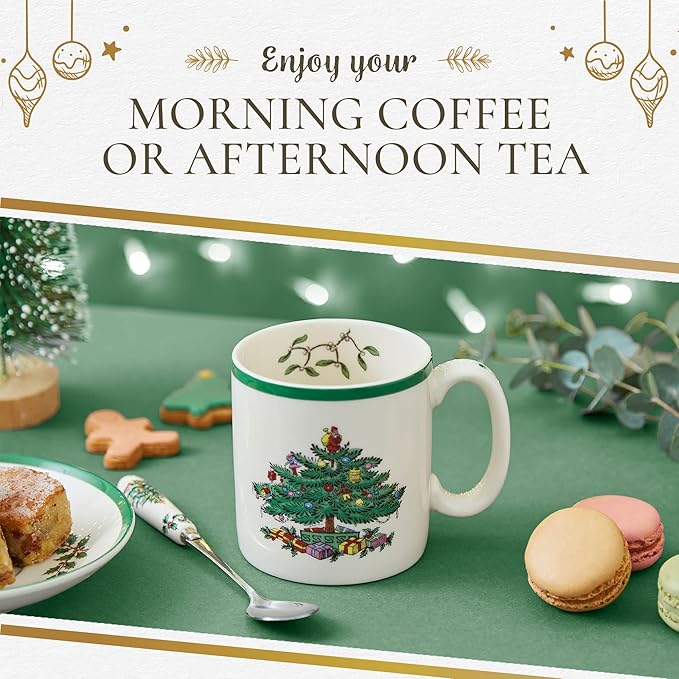 Spode Christmas Tree Mug Set of 4-9oz Ceramic - Microwave, Oven, Freezer & Dishwasher Safe - Festive Holiday Coffee Tea Cup for Hot Cocoa, Mulled Wine, Drinkware