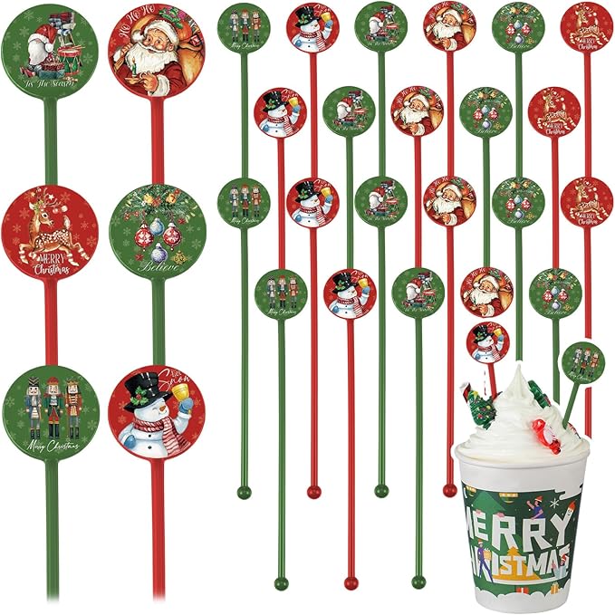 Meanplan 60pcs Christmas Swizzle Sticks Christmas Cocktail Stirrers Plastic Stir Sticks Xmas Santa Claus Snowman Decorations for Birthday Party Coffee Shop Supplies Favors Gifts (Santa Claus)