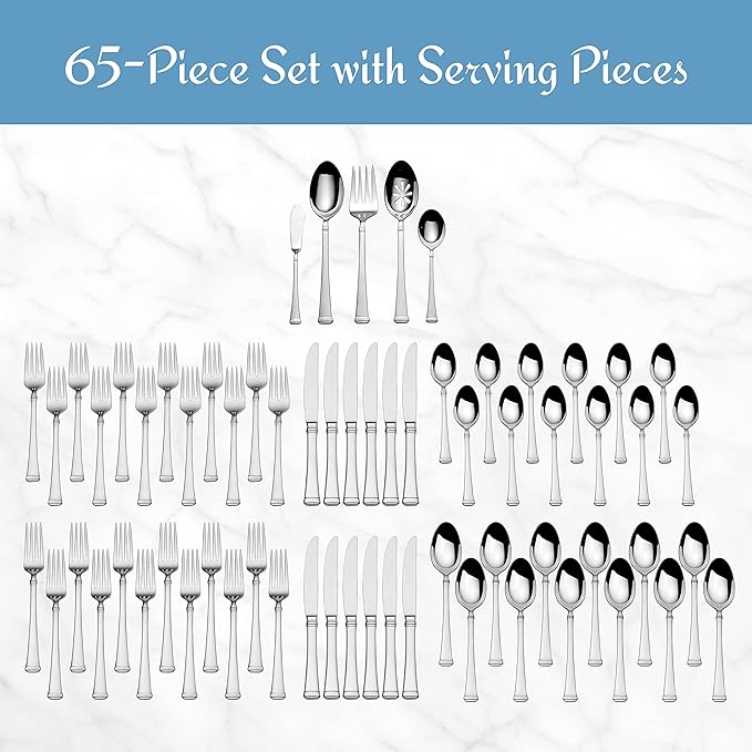 Mikasa Harmony 65-Piece Flatware Set for 12, 18/10 Stainless Steel Silverware with Forks, Knives, Spoons, and Serving Utensils, Elegant Design