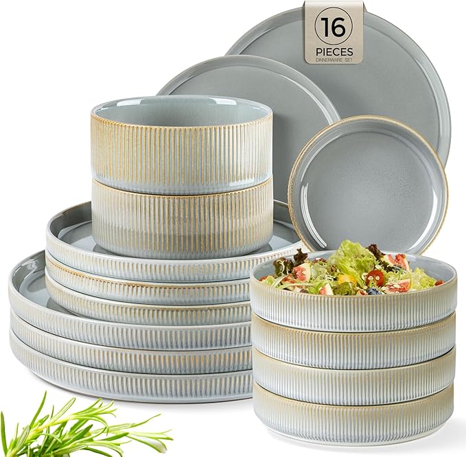 TheTerra Ceramic Dinnerware Sets with Pasta Bowls for 4, 16 Pieces Porcelain Lightweight Plates and Bowls Sets, Scratch Resistant Dish Set, Oven & Microwave & Dishwasher Safe, Desert Sage