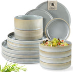 TheTerra Ceramic Dinnerware Sets with Pasta Bowls for 4, 16 Pieces Porcelain Lightweight Plates and Bowls Sets, Scratch Resistant Dish Set, Oven & Microwave & Dishwasher Safe, Desert Sage