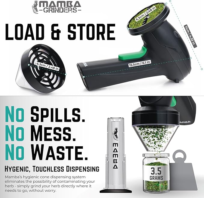 Mamba Monster 3.5g USB Electric Herb Grinder. Large Capacity Portable Metal Herbal Machine & Spice Mill for the Kitchen (Black)
