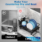 Dish Drying Rack, Space-Saving Dish Rack, Dish Racks for Kitchen Counter, Kitchen Dish Drainers with Removable Utensil Holder, Plate Rack and Drainboard, 11''W x 15''L, Black