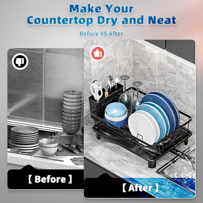 Dish Drying Rack, Space-Saving Dish Rack, Dish Racks for Kitchen Counter, Kitchen Dish Drainers with Removable Utensil Holder, Plate Rack and Drainboard, 11''W x 15''L, Black