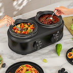 Double Slow Cooker, 2 x 1.25 QT Portable Small Dual Crock Cooker, Buffet Servers and Warmers Dishwasher Safe, Removable Ceramic Pot Glass Lid, Stainless Steel Black