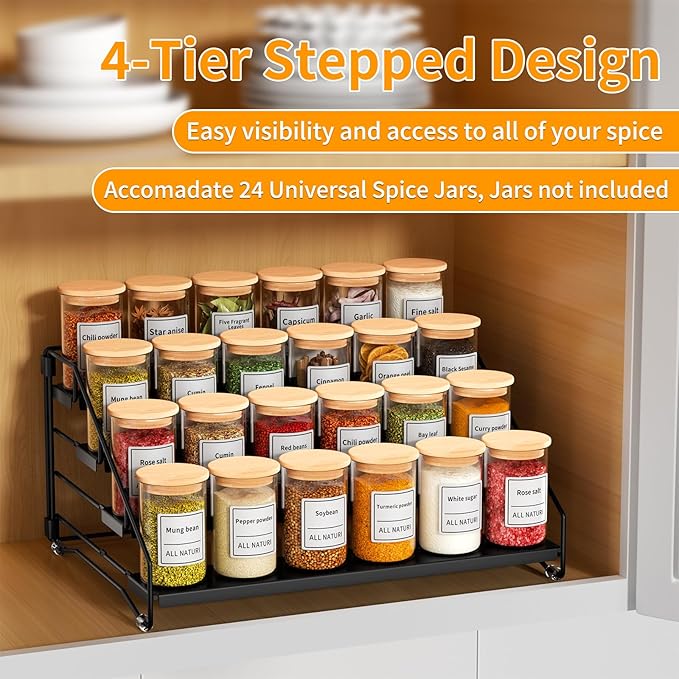 RCHYFEED Spice Rack Organizer for Cabinet Pantry,4 Tier Spice Rack Countertop,Tierd Spice Organization Easy Visibility, Depth Adjustable Seasoning Organizer for Cabinet (Black, 2Pack)