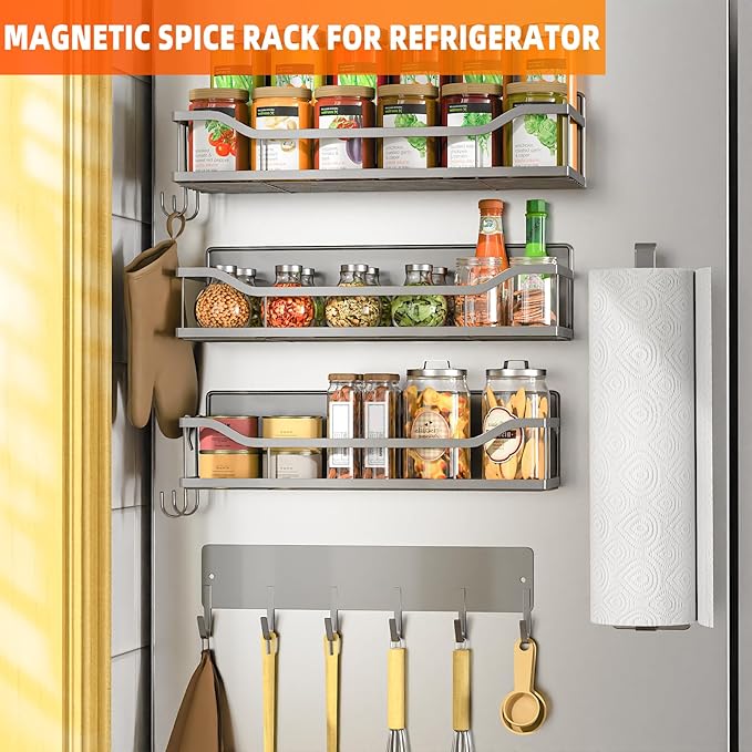 5 Pack Multifunctional Magnetic Shelves for Refrigerator Spice Rack & Washing Machine Organize, Include Paper Towel Holder, Kitchen Utensil Hanger and Hooks, Strong Magnet for Secure Hold (Gray)