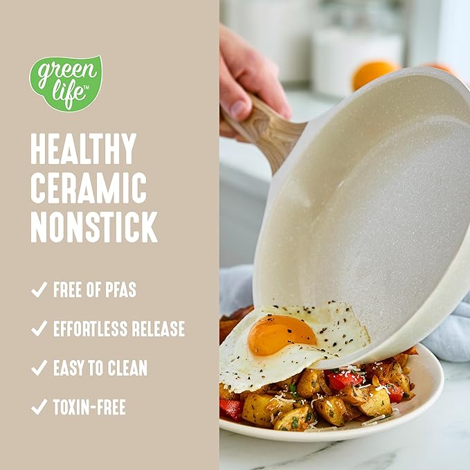 GreenLife 8 Piece Ceramic Nonstick Cookware Set, Induction Suitable Non Toxic PFAS-Free Pots & Pans, Dishwasher Safe, Cooking Set, Stock Pot, Saucepans & Frying Pans, Kitchen Cooking, Granite Cream