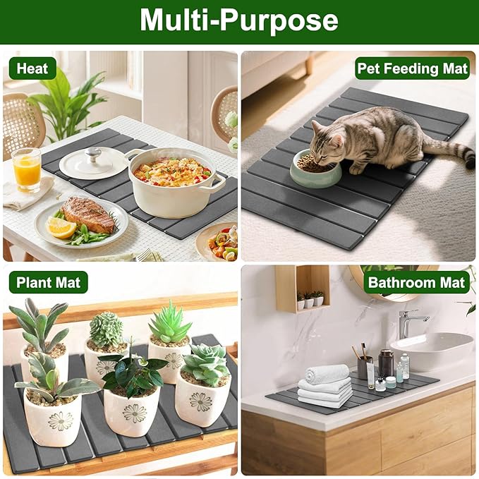 Large Stone Dish Drying Mat For Kitchen Counter, 24 x 16 Inch Collapsible Stone Drying Mat, Quick Dry Absorbent Diatomaceous Earth Mat, Self-Drying Dish Drying Mat For Dishes Sink Bathtub-Gray