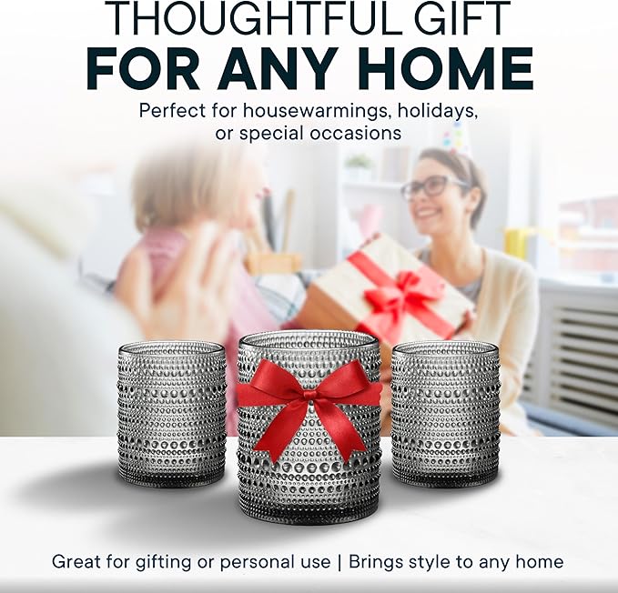 12 OZ Hobnail Drinking Set of 12 – Vintage Embossed Glassware, Textured Tumblers for Water, Beer, Cocktails, Mocktails, Whiskey & More – Includes Straws and Coasters – Smokey Gray