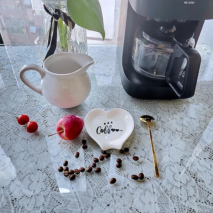 Heart-shaped Coffee Spoon Rest, Mini Coffee Spoon Holder, Coffee Stirrers, Teaspoon, Bar Spoon Rest, Coffee Bar Accessories (Ture white+Gold Spoon)