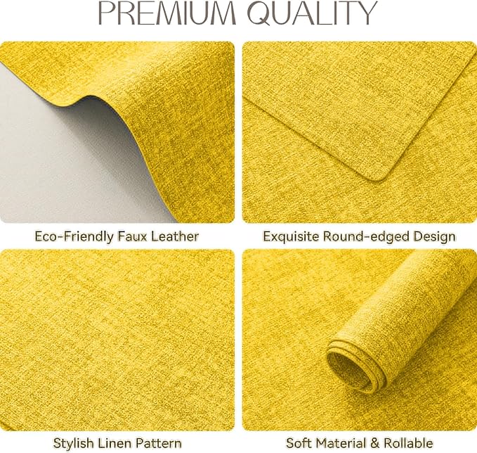 Romanstile Vinyl Placemats Set of 4-12 X 18 Inch - Heat Resistant Place Mats 100% Waterproof Oilproof Wipeable Reversible Faux Leather Table Mats for Kitchen/Dining/Party/Outdoor, Yellow
