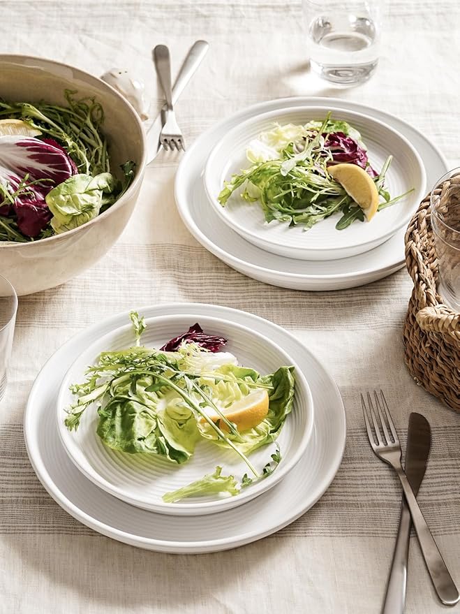 LE TAUCI 12‑Piece Ceramic Plates and Bowls Set, Service for 4 – White Farmhouse Dinnerware Sets with Deeper Plates (10" Dinner, 8" Salad, 6" Bowls), Dishwasher & Microwave Safe Stoneware Dishes