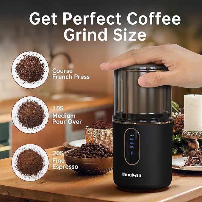 DmofwHi Cordless Coffee Grinder Electric, USB Rechargeable Coffee Bean Grinder with 304 Stainless Steel Blade and Removable Bowl-Black
