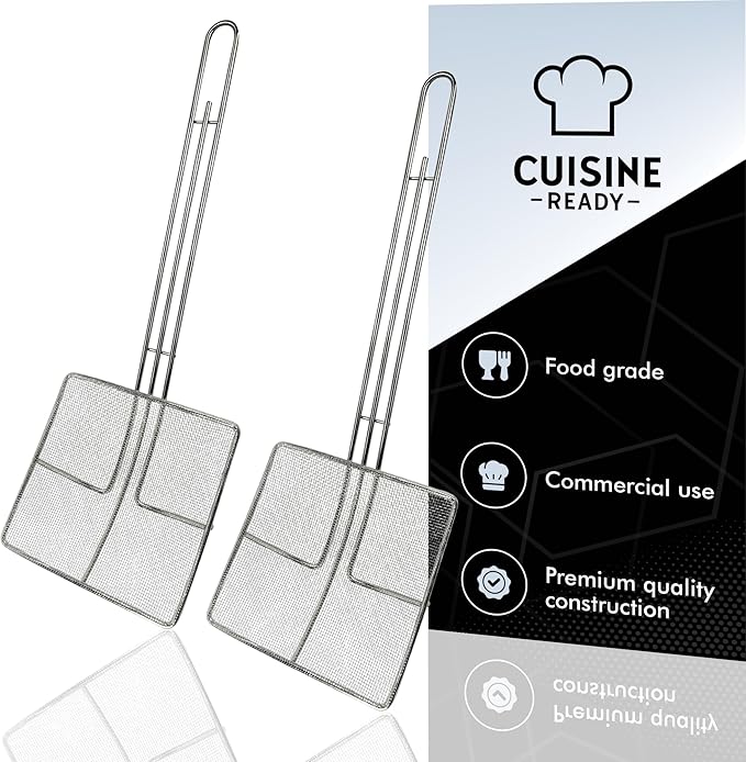 Wire Mesh Strainer with Long Handle | 2-Pack | 6.5" Square Frying Spoon | Stainless Steel | Cooking Oil Strainer for Deep Fryer & Professional Restaurant Use | Commercial Grease Skimmer