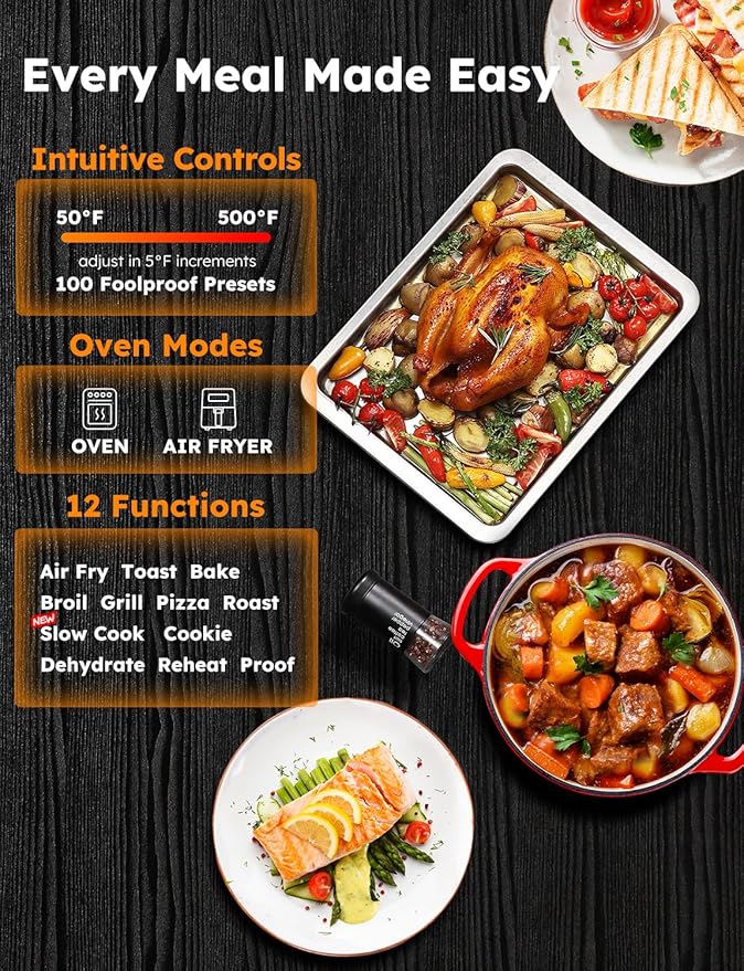 Nuwave Bravo Pro Smart Toaster Oven Countertop, True Air Fryer Combo w/Improved 100% Convection, 35% Crispier, 112 Presets, Customizable Pizza Zones, Integrated Probe, PFAS Free, 30QT, Stainless Steel