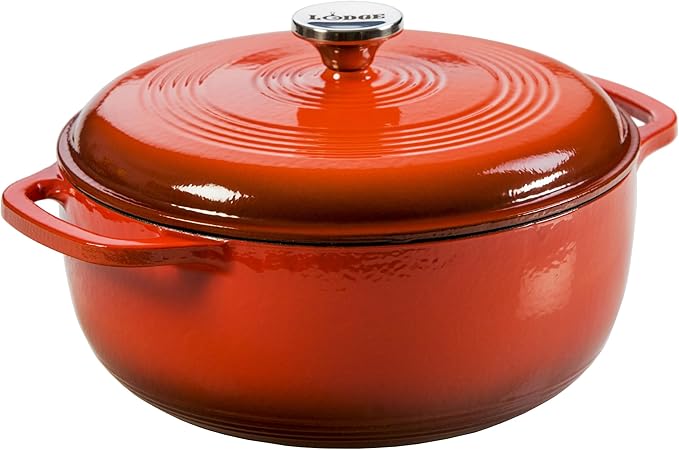 Lodge 6 Quart Enameled Cast Iron Dutch Oven with Lid – Dual Handles – Oven Safe up to 500° F or on Stovetop - Use to Marinate, Cook, Bake, Refrigerate and Serve – Poppy