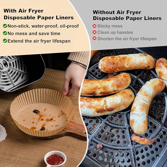 Vailnd Air Fryer Liners Disposable for Ninja, 150 Pcs 8" Round Airfryer Paper Liner Heavy-Duty, Non-Stick and Grease-Proof Parchment Paper Sheets for 5-8 qt Basket Air Fryers Oven Steamer