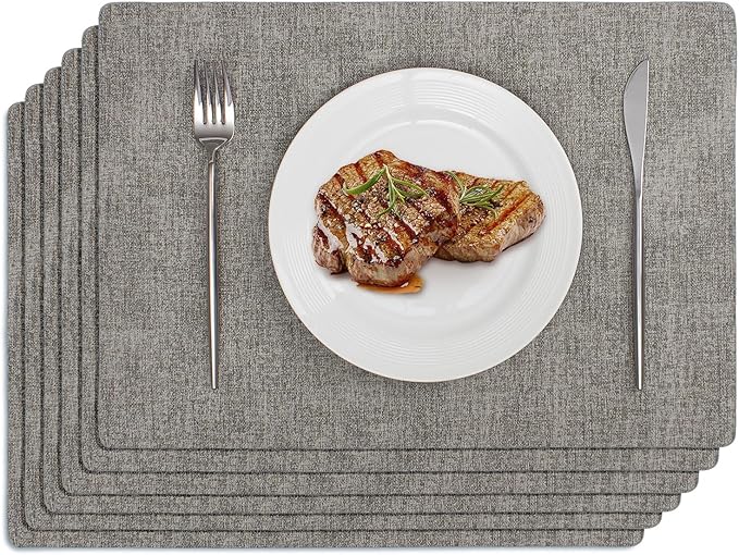 Softalker Vinyl Placemats Set of 6 - Faux Leather Heat Resistant Place Mats, 100% Waterproof Oilproof Wipe Clean Table Mats for Indoor & Outdoor Use, 17’’×12’’, Light Grey
