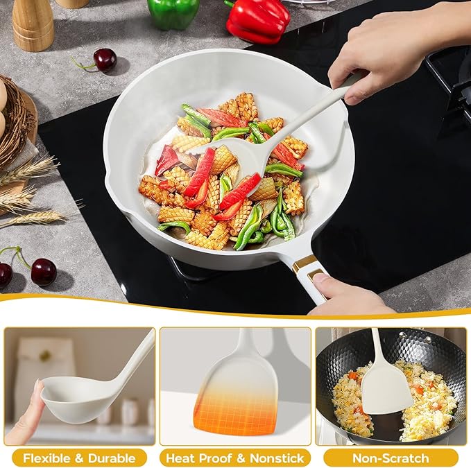 Silicone Cooking Utensils Set, Onader 6 Pieces Kitchen Utensils for Cooking, White Kitchen Utensils Gadget Set of Nonstick Cookware