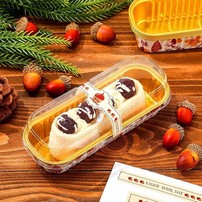 Tioncy 50 Pcs Autumn Themed Mini Pink Loaf Pans with Lids Spoons Sticker Acorn 6.8oz Disposable Rectangle Aluminum Foil Baking Pans Muffin Cupcake Cups for Picnics Fall Birthday Party Supply