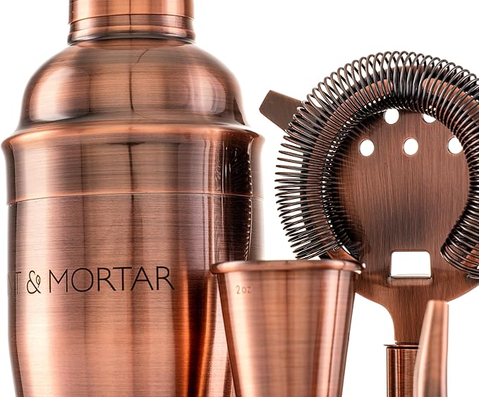 Mint & Mortar Cocktail Shaker Set, 7-Piece Bartender Kit with Stand, 24oz Martini Shaker Bottle Stainless Steel Bar Tools, Home Bar Accessories Drink Mixer, Barware Gift Set - Brushed Copper