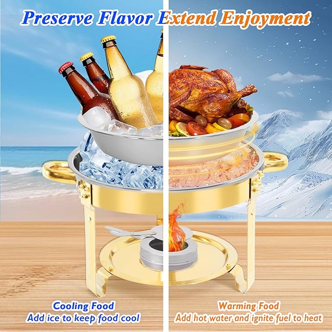 2-Pack Gold Round Chafing Dishes for Buffet, 5QT Stainless Steel Buffet Chafing Set for Catering, Parties & Events