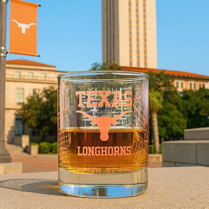 Greenline Goods – University of Texas Longhorns College Whiskey Glasses (Set of 2), 10 oz – Full-Color Logo + Campus Map