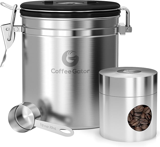 Coffee Gator Coffee Canister, Airtight 16oz Stainless Steel and 4oz Borosilicate Glass Jar Travel Kitchen Food Storage Container with Date Tracker, Scoop for Grounds, Beans, Sugar, Tea, Cookies
