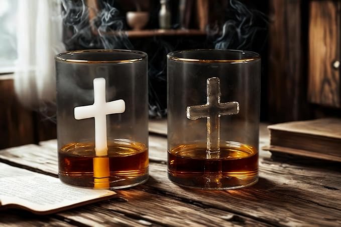 Crucifix Whiskey Glass – Premium Christian Cross Religious Glass, Old Fashioned Glass, Liquor – Luxurious Gold Rim – Home Bar Accessories Ideal for Man Cave, Fun Gift, Christian Gift, Religious Gift