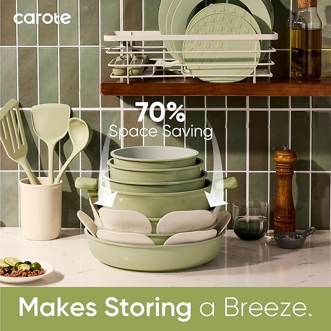 CAROTE 27pcs Ceramic Cookware Set Nonstick, Pots and Pans Set Non Stick, Non Toxic Cookware Detachable Handles, Dishwasher/Oven Safe, RV/Camping Cookware, Pan and Pot with Kitchen Utensils, Green