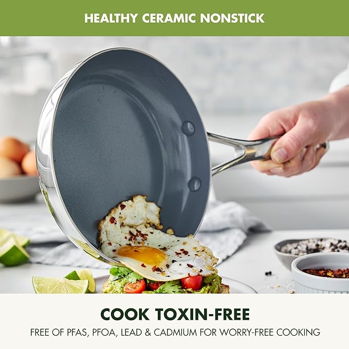 GreenPan Valencia Pro Stainless Steel 10 Piece Cookware Pots and Pans Set, Induction Suitable Mirrored Tri-Ply, Ceramic Nonstick PFAS-Free PFOA-Free Coating, Multi Clad, Dishwasher Oven & Broiler Safe