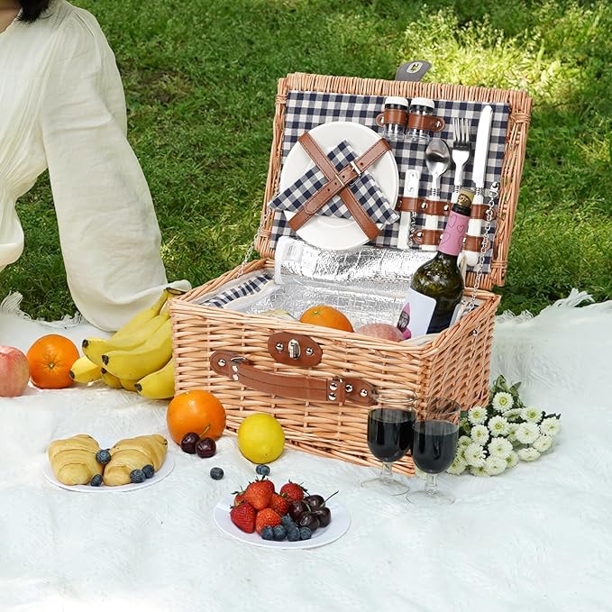 ZORMY Wicker Picnic Basket for 2 Person, Willow Hamper Basket Sets with Insulated Compartment, Handmade 2 Person Picnic Basket for Camping - BlueCheck