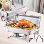 VEVOR Chafing Dish Buffet Set, 8 Qt 2 Pack, Stainless Steel Chafer with 2 Full Size Pans, Rectangle Catering Warmer Server with Lid Water Pan Stand Fuel Holder, for Wedding Party Banquet, Rose Gold