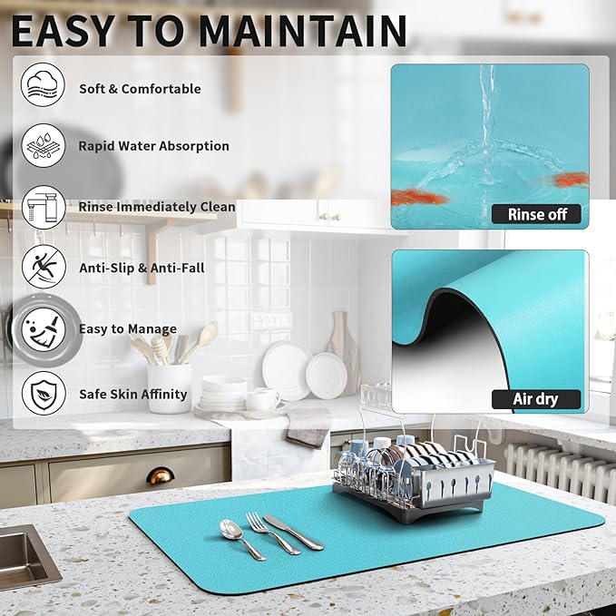 Dish Drying Mat for Kitchen Counter, Heat Resistant Drainer Mats with Non-slip Rubber Backed, Hide Stain Kitchen Super Absorbent Draining Mat, Easy to Clean Dish Rack Pad, Teal 16"x20"