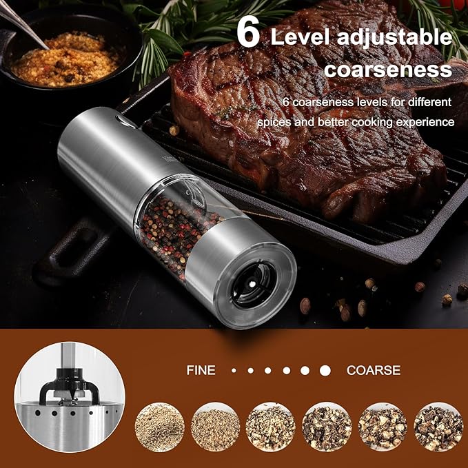Electric Salt and Pepper Grinder 6 Levels Adjustable Coarseness Refillable Stainless Steel Auto Salt and Pepper Grinder Mill Usb Rechargeable with Lights(1Pack)