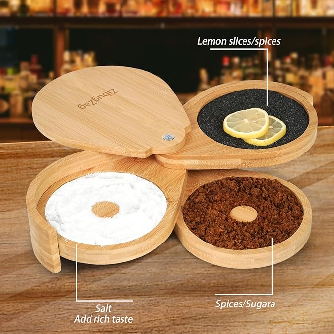 Margarita Salt Rimmer Set, 3-Tiers Salt Rimmer for Cocktails, Bamboo Margarita Salt Rimmer, Bar Salt and Sugar Rimmer for Margarita Kit, Bloody Mary, Manhattan Drinks, Bartender Tool Set