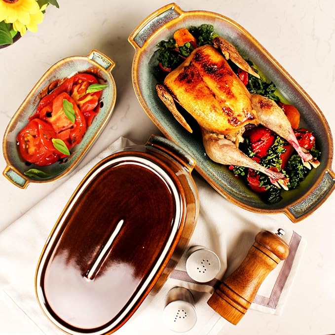 7"x4" Oval Casserole Dish Set of 2, 15.2 oz Ceramic Au gratin Baking Dish, Baking Pan with Handles or for mixing, salad, pasta plate, Best gift for those who love baking, Microwave, Oven safe