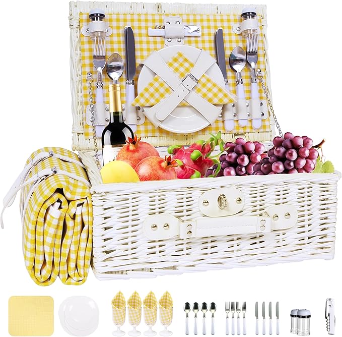 Picnic Basket Set for 4 with Waterproof Blanket Mat Insulation Bag Wicker White Yellow Light Fresh Gifts for Wedding Birthday Summer Camp Outdoor Camping Beach Travel Christmas Thanksgiving