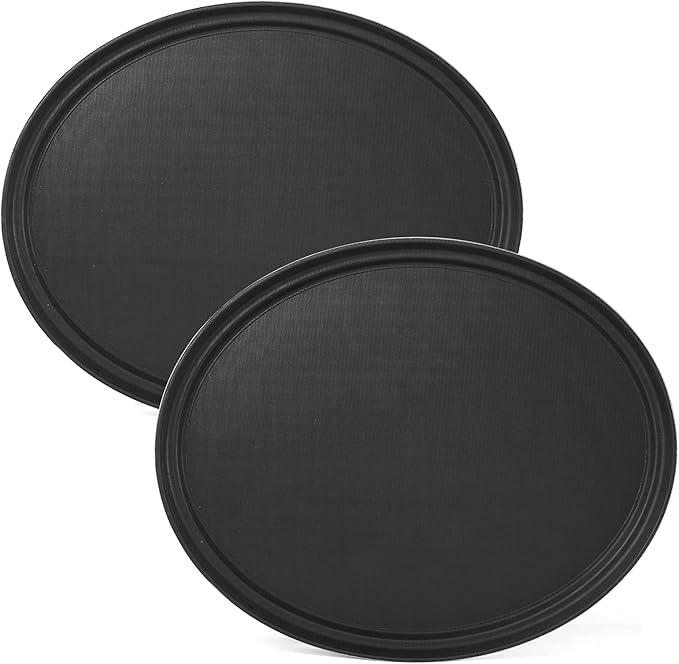 CURTA 2-Pack Restaurant Grade Non-Slip Tray, NSF, Oval 19-Inch x 23-Inch, Plastic Rubber Lined Round Serving Tray, Black