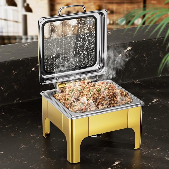 Chafing Dishes for Buffet, 6QT Square Stainless Steel Chafing Dish with Transparent Hydraulic Lid, 304 Food Pan, Buffet Warmer for Parties and Events (Golden)