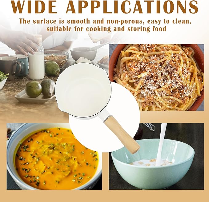 Enamel Milk Pan with Dual Pour Spout Butter Warmer with Wooden Handle Soup Pot Enamelware Saucepan Pan for Home Kitchen Cooking Heating Boiling