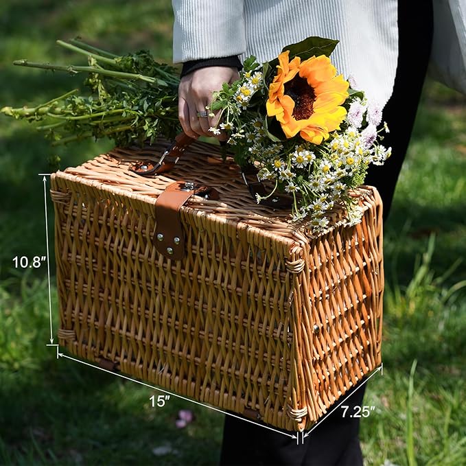 ZORMY Wicker Picnic Basket for 2 Person, Willow Hamper Basket Sets with Insulated Compartment, Handmade 2 Person Picnic Basket for Camping - BlueCheck