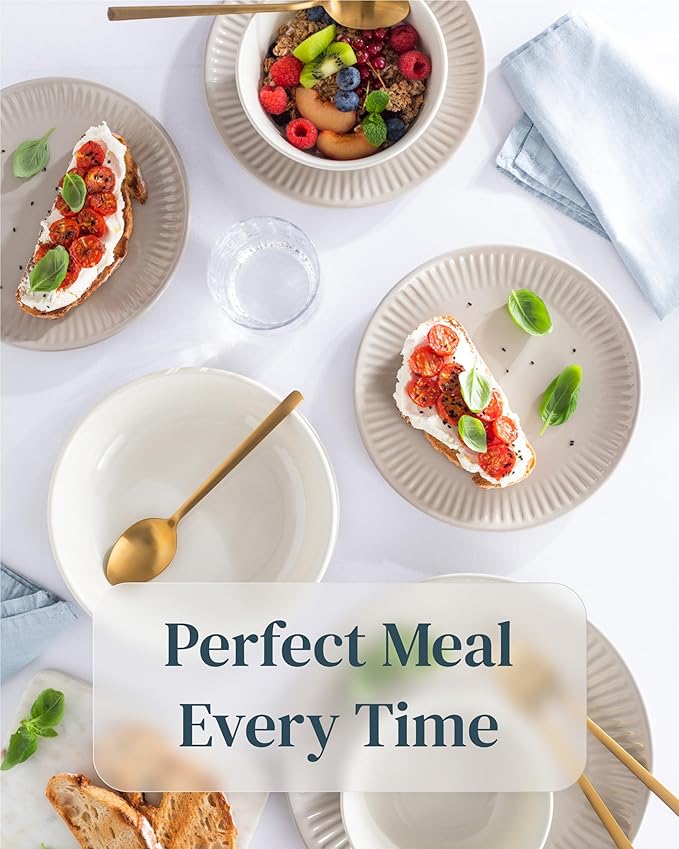 Stoneware Dinnerware Set for 8 People HYGGE 24-Piece - Elegant Scandi Design - Premium Dish Set - Bowl and Plate Set - Tableware for 8 People in a Ribbed Design - Pure Living in Light Brown