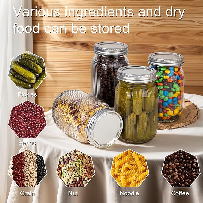 LUODA MirthMood 32 OZ Wide Mouth Mason Jars, 6 PACK Glass Mason Jars with airtight Lids, Quart mason jars wide mouth for Fermenting, Pickling, Freezing, Preserving, Meal Prep, Jar Décor