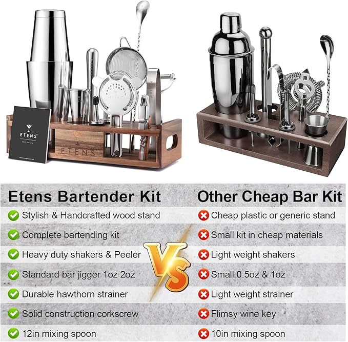 Premium 15-Piece Mixology Bartender Kit – Stainless Steel Cocktail Shaker Set with Wooden Stand | Professional Boston Shaker Bar Tool Set for Home & Expert Mixologists | Luxury Cocktail Making Gift