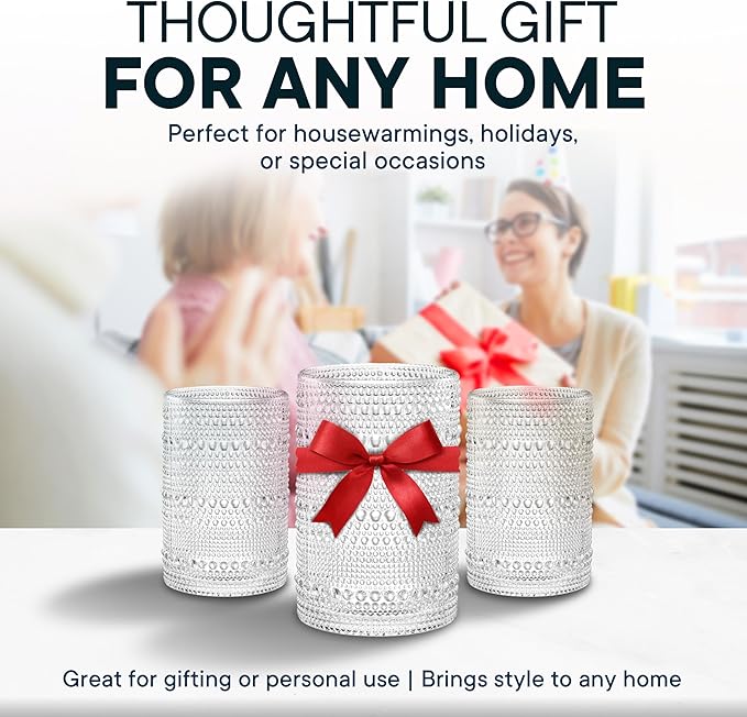 15 OZ Hobnail Drinking Set of 12 – Vintage Embossed Glassware, Textured Tumblers for Water, Beer, Cocktails, Mocktails, Whiskey & More – Includes Straws and Coasters – Clear