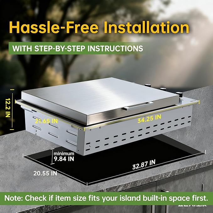 34-Inch Premium Built-In Liquid Propane Griddle for Outdoor Kitchen, 3-Burner Heavy Duty Stainless Steel Flat Top Grill with Lid, 48,000 BTUs, Large Cooking Area for BBQ Island, Outdoor Cooking,Silver