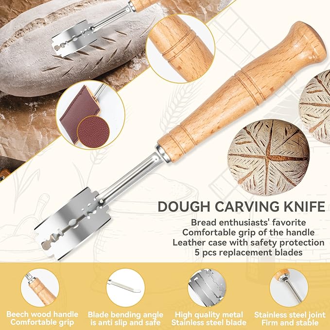 Danish Dough Whisk - Bread Making Tool Set of 3 Pieces, Kitchen Bench Scraper, Sourdough Lame with 5 Pc Blades, Dough Scoring Tool Essential Kit for Making Bread, Sourdough, Pizza, Hamburger, Pastries