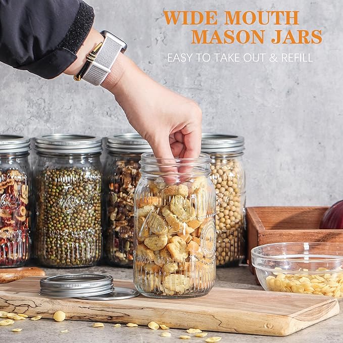 6 Pack 32 oz Vintage Style Wide Mouth Mason Jars - Heavy Duty Glass Storage Jars with Airtight & Leak Proof Lids for Pickling, Canning, Food Storage, Flour, Sugar, Pasta, Oats & DIY Projects